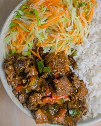 White Rice and stew, salad, and Beef 